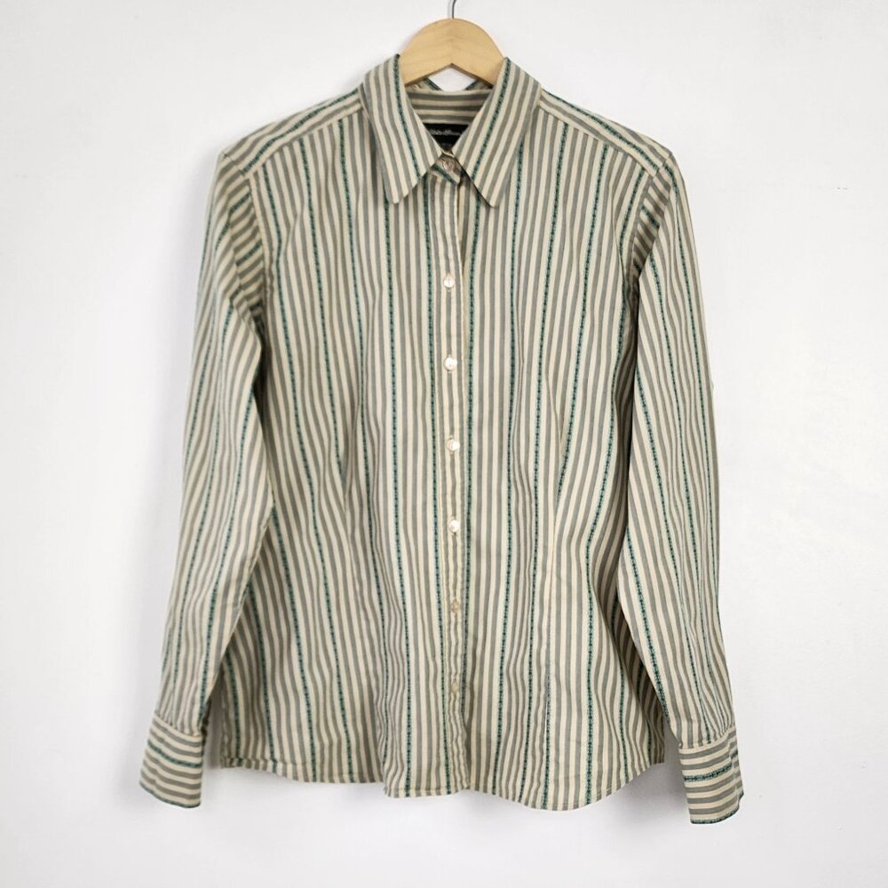 Eddie Bauer Womens XL Jacquard Stripe Button-Up Stretch Cotton Nylon Beige Teal